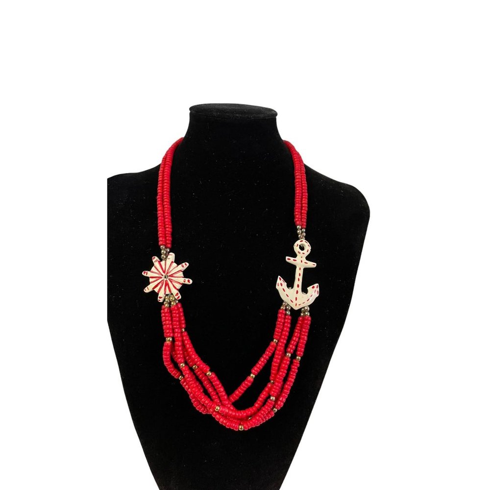 Womens Wheel Anchor Multi Strands Rhodonite Jasper Beads Necklace Red 24"